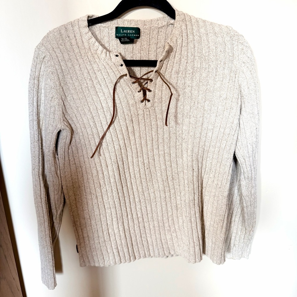 Lauren Ralph Lauren lace up knit sweater brown L